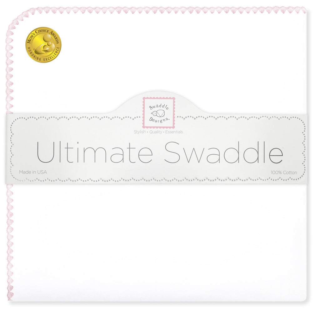 Ultimate Swaddle Blanket - White with Pastel Trim, Pastel Pink - Customized