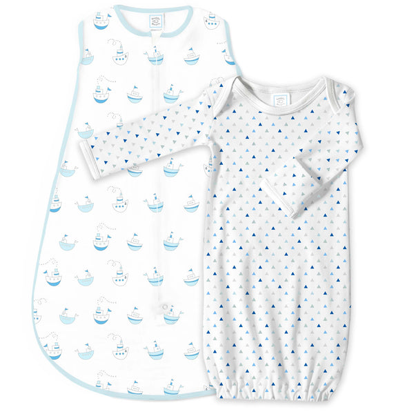 Muslin Non-Weighted zzZipMe Sack Set - Little Ships + Pajama Gown  in Blue Tiny Triangles,