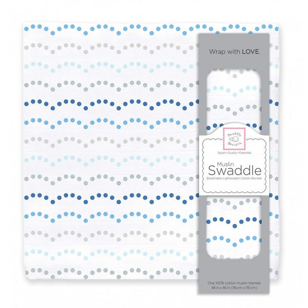 Muslin Swaddle Single - Dotted Scallops - Blues with Touch of Silver Shimmer