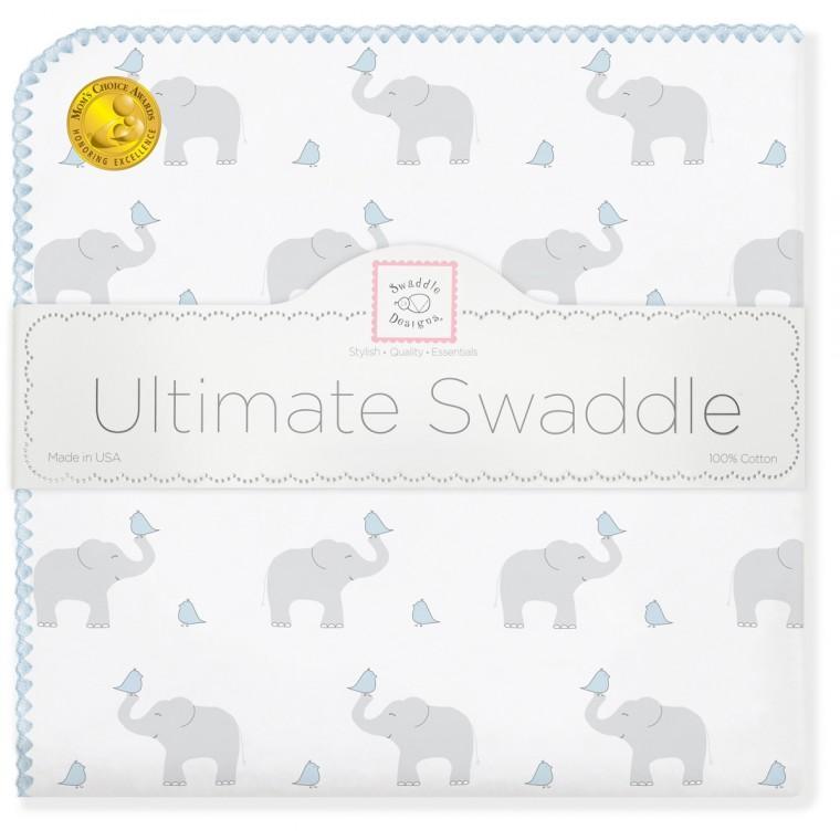 Ultimate Swaddle Blanket - Elephant & Chickies, Pastel Blue - Customized