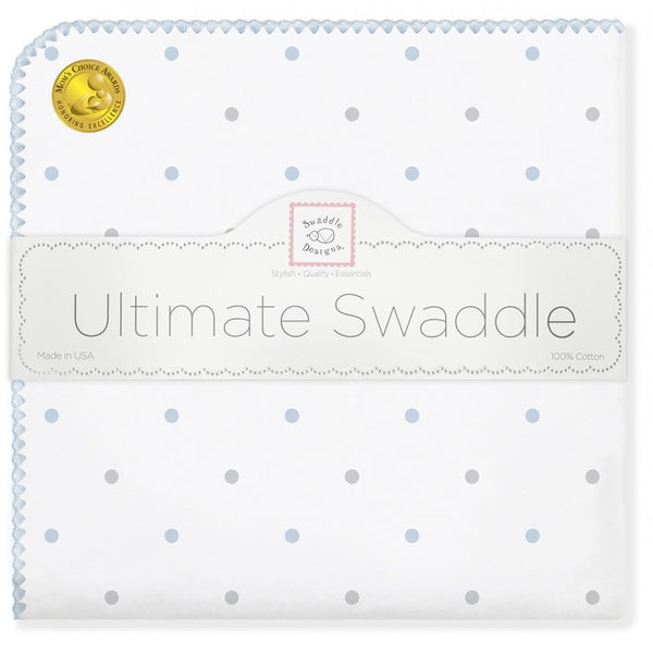 Ultimate Swaddle Blanket - Sterling + Pastel Blue Little Dots on White